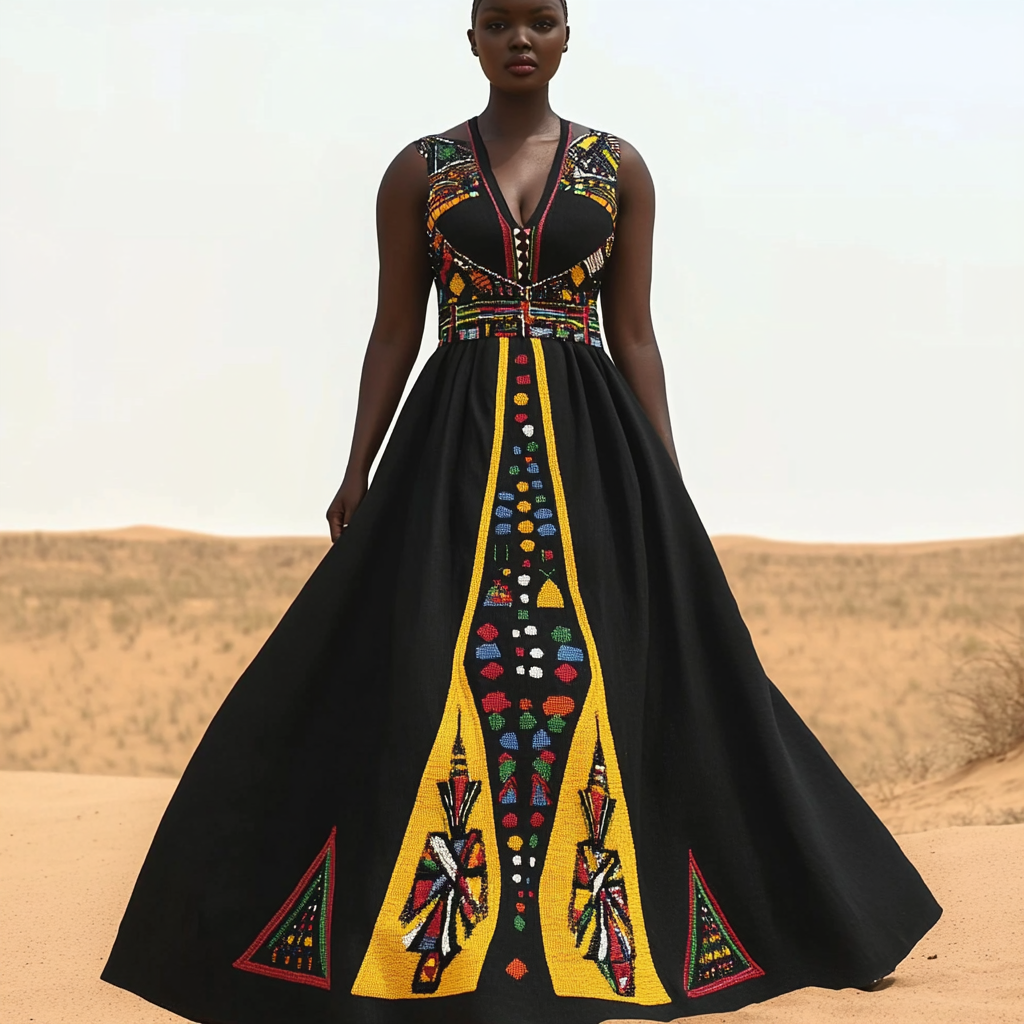 Retro African Tribal Geometric Pattern Deep V Dress