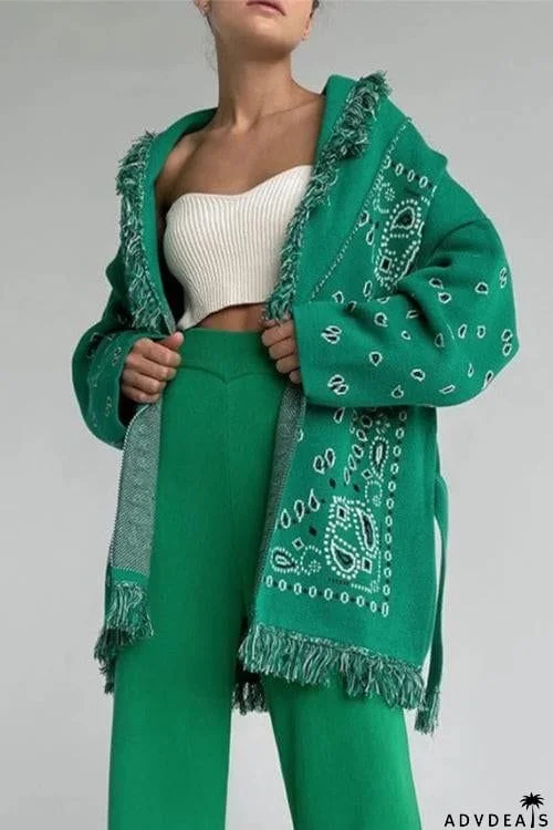 Paisley Print Tassels Belted Cardigan