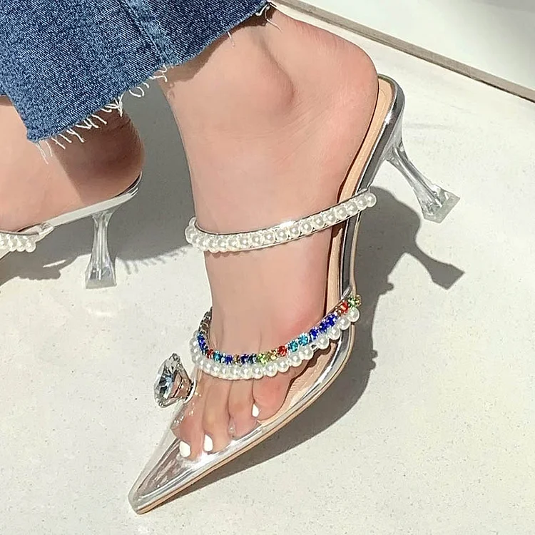 Multicolor Rhinestones Clear Pumps Pointed Toe Pearls Shoes Vdcoo