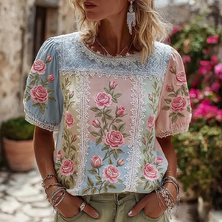 Women's Vintage Rose Embroidery Patchwork Art Crew Neck Short Sleeve T-shirt