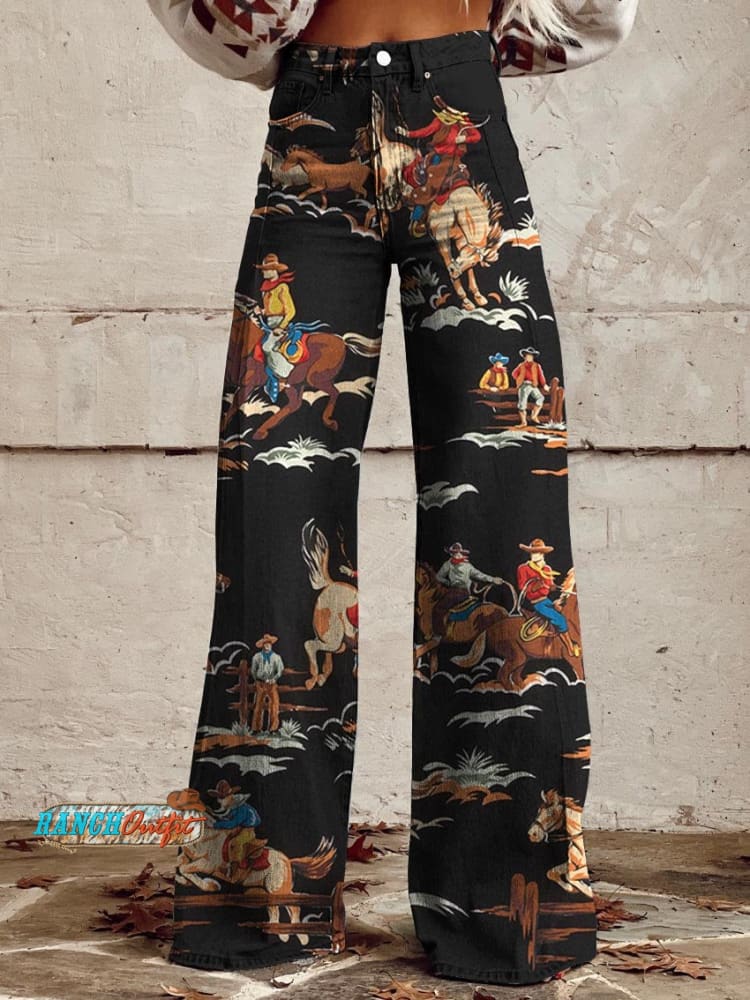 Women’s Cowboy Race Print Casual Wide Leg Pants Multicolor / S