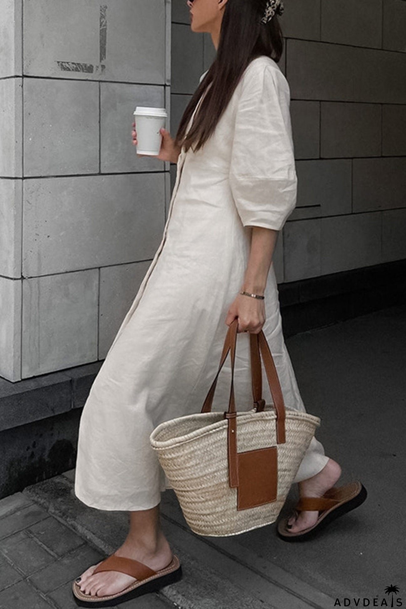 V Neck Single-breasted Cotton Linen A-line Dress