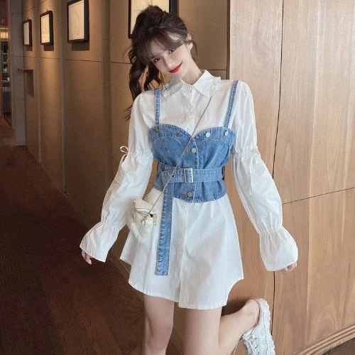 Neploe Korean Chic Suit Women 2 Piece Long Blouses Sets Puff Sleeve Turn-down Collar Tops Sashes Slim Cowboy Vest Two Piece Set