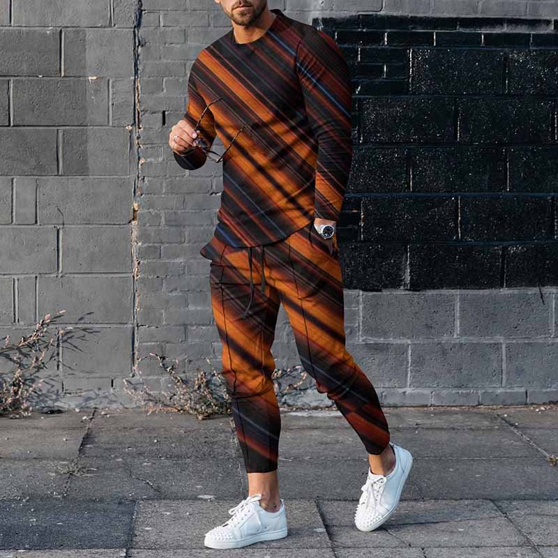 Fashion Men's Multicolor Stripe Casual Long Sleeve T-Shirt And Pants Co-Ord