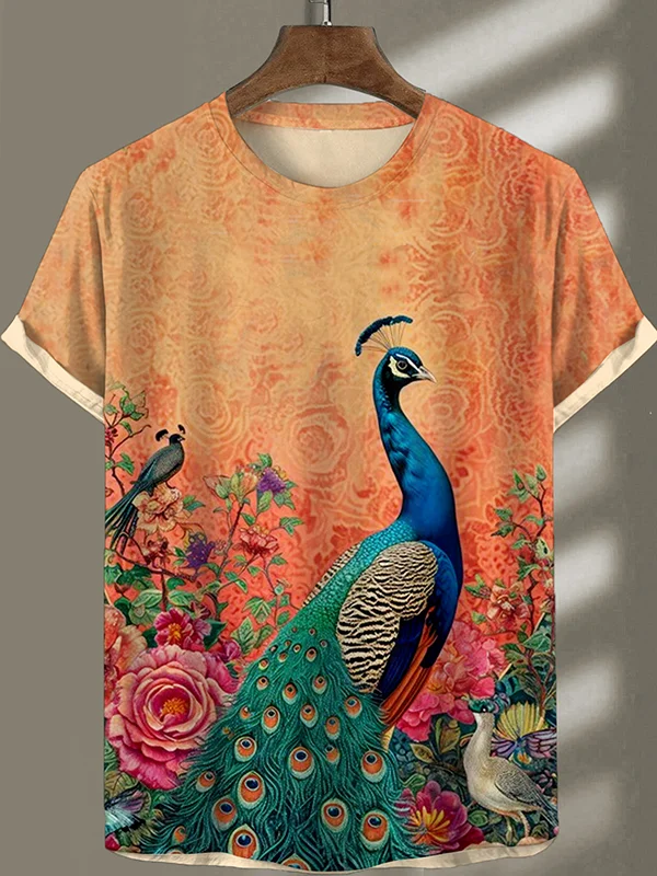 Men's Summer Tropical Flower Peacock Art Print T-Shirt