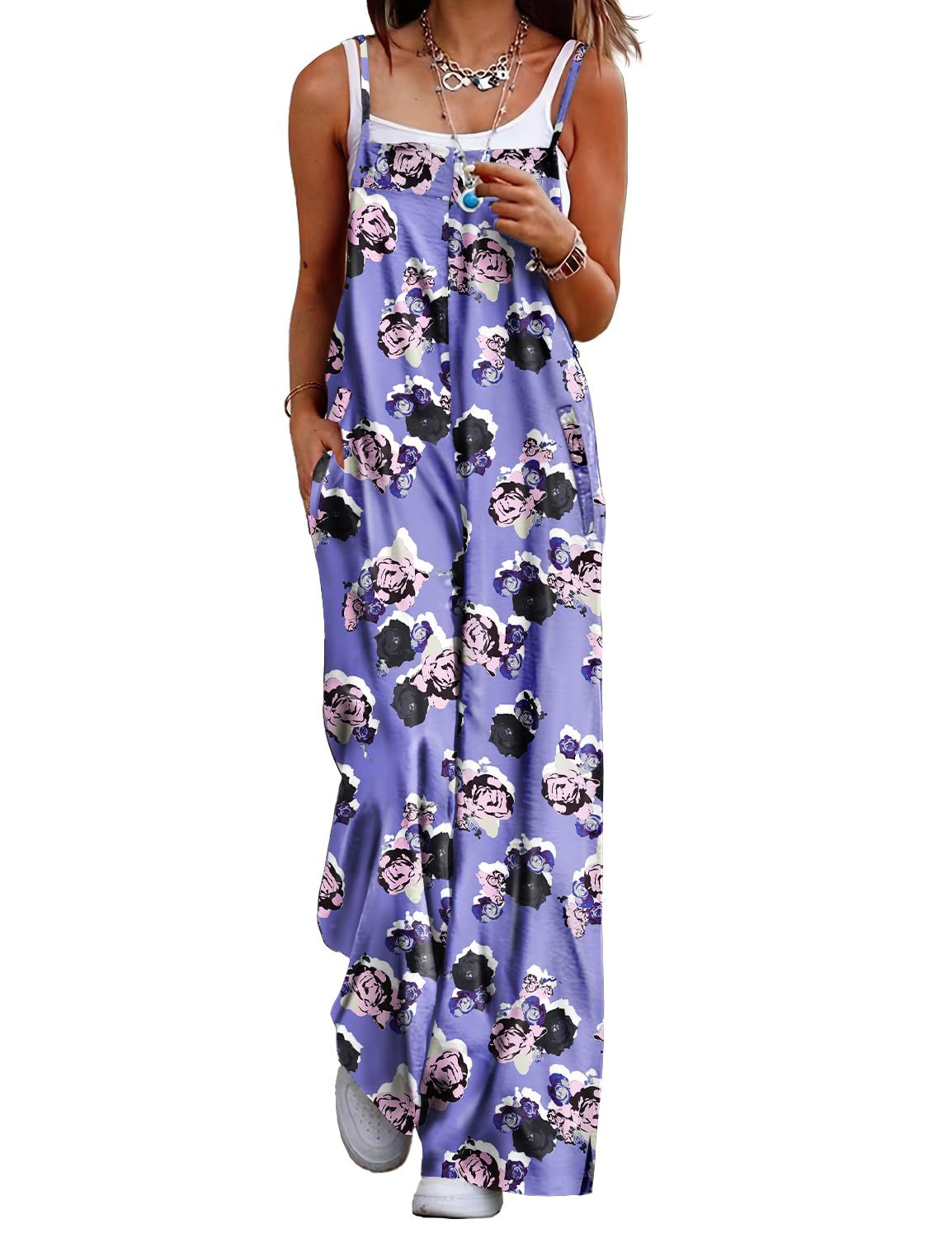 Cczzt Casual Loose Print Pocket Beach Holiday Jumpsuit Women Fashin Sleeveless Spaghetti Summer Wide Leg Pant Rompers Ladies 2025
