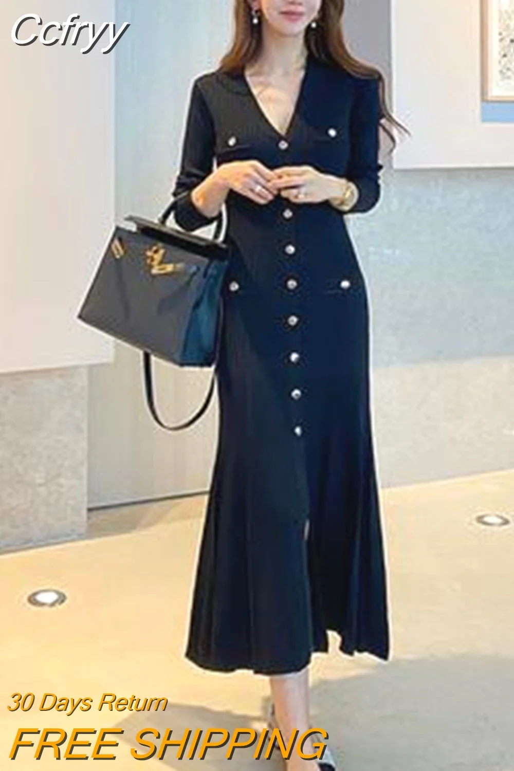 huibahe Korean Single-breasted Long Dress Women Long Sleeve V-neck Mermaid Dresses Elegant Fashion Ladies Vestidos Femme 2023