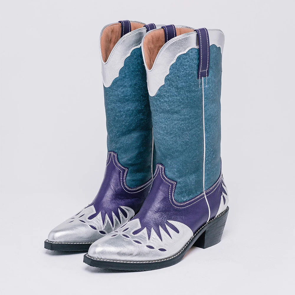 Multicolor Patchwork Pointed Toe Chunky Heel Cowgirl Boots for Women