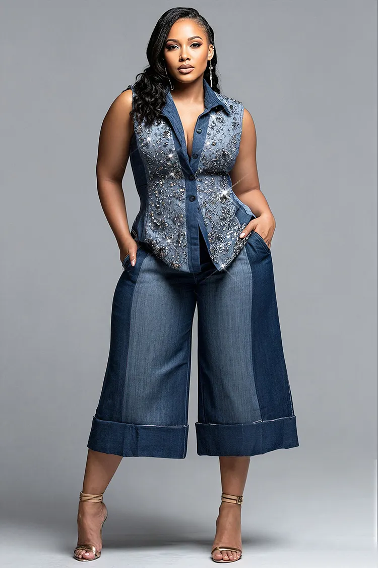 Xpluswear Design Plus Size Business Casual Blue Shirt Collar Sequin Pocket Tencel Denim Two Piece Pant Sets [Pre-Order] 2024 - Xpluswear