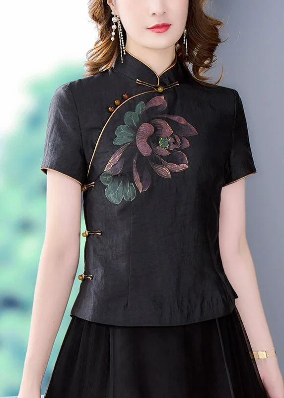 Vintage Black Stand Collar Print Chinese Button Silk Shirt Tops Summer