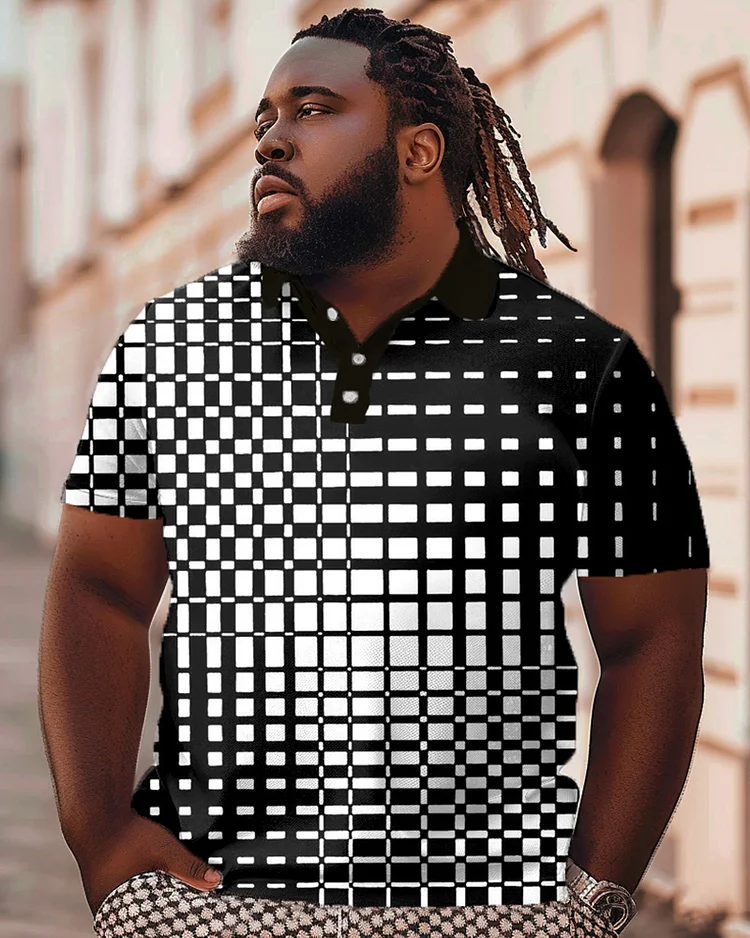 Irregular Plaid Contrasting Color Printed Oversized Men's Polo T-shirt