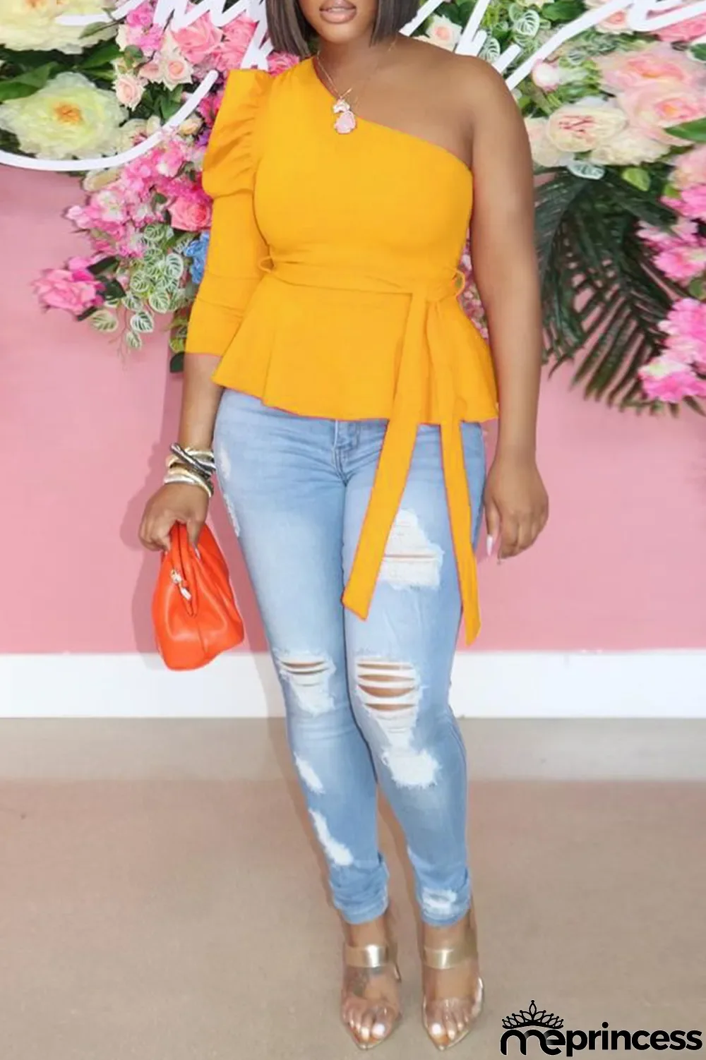 Yellow Fashion Casual Solid Backless Oblique Collar Tops