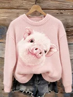 Lovely Pig Print Cozy Knit Sweater