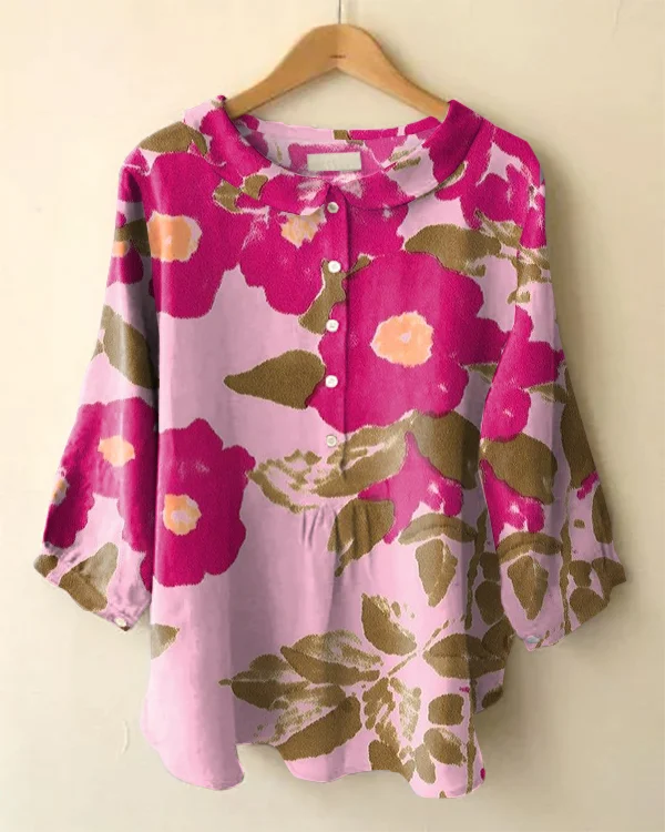 Vintage Floral Print Long Sleeve Peter Pan Collar Shirt