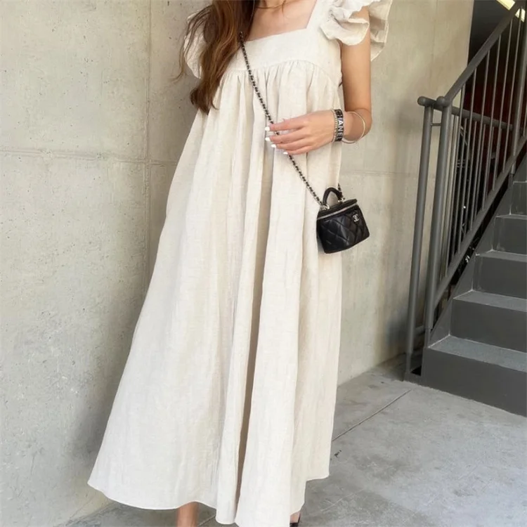 Vintage Pleated Ruffle Sleeve Square Neck Dress