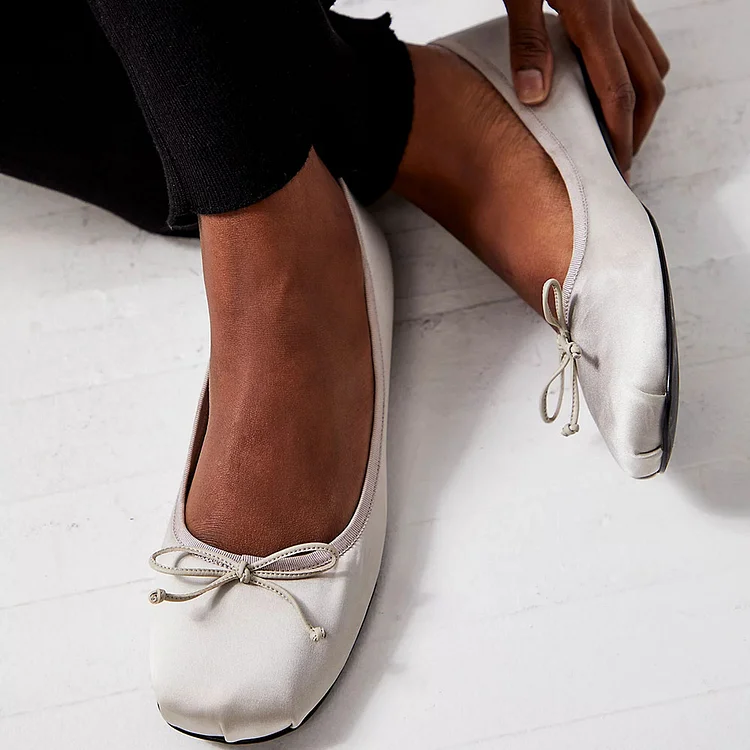 Elegant Light Grey Satin Round Toe Bow Ballet Flats for Women |FSJ Shoes