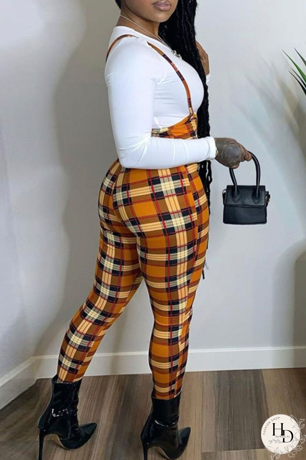 Red Fashion Casual Plaid Print Pants High Waist Bib Trousers