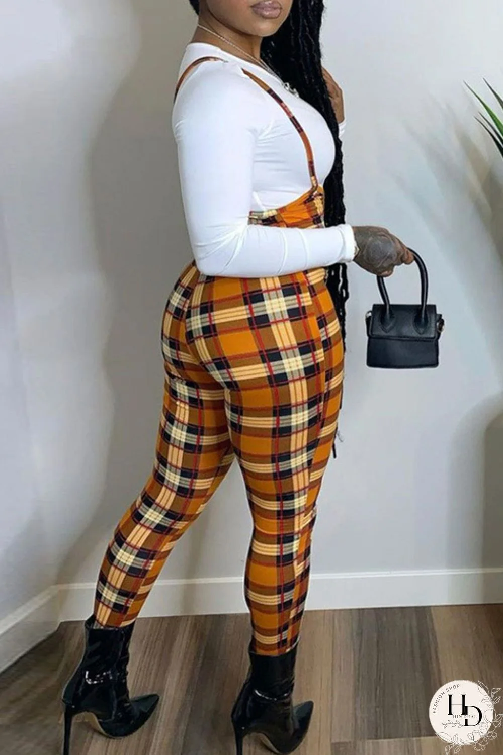 Red Fashion Casual Plaid Print Pants High Waist Bib Trousers