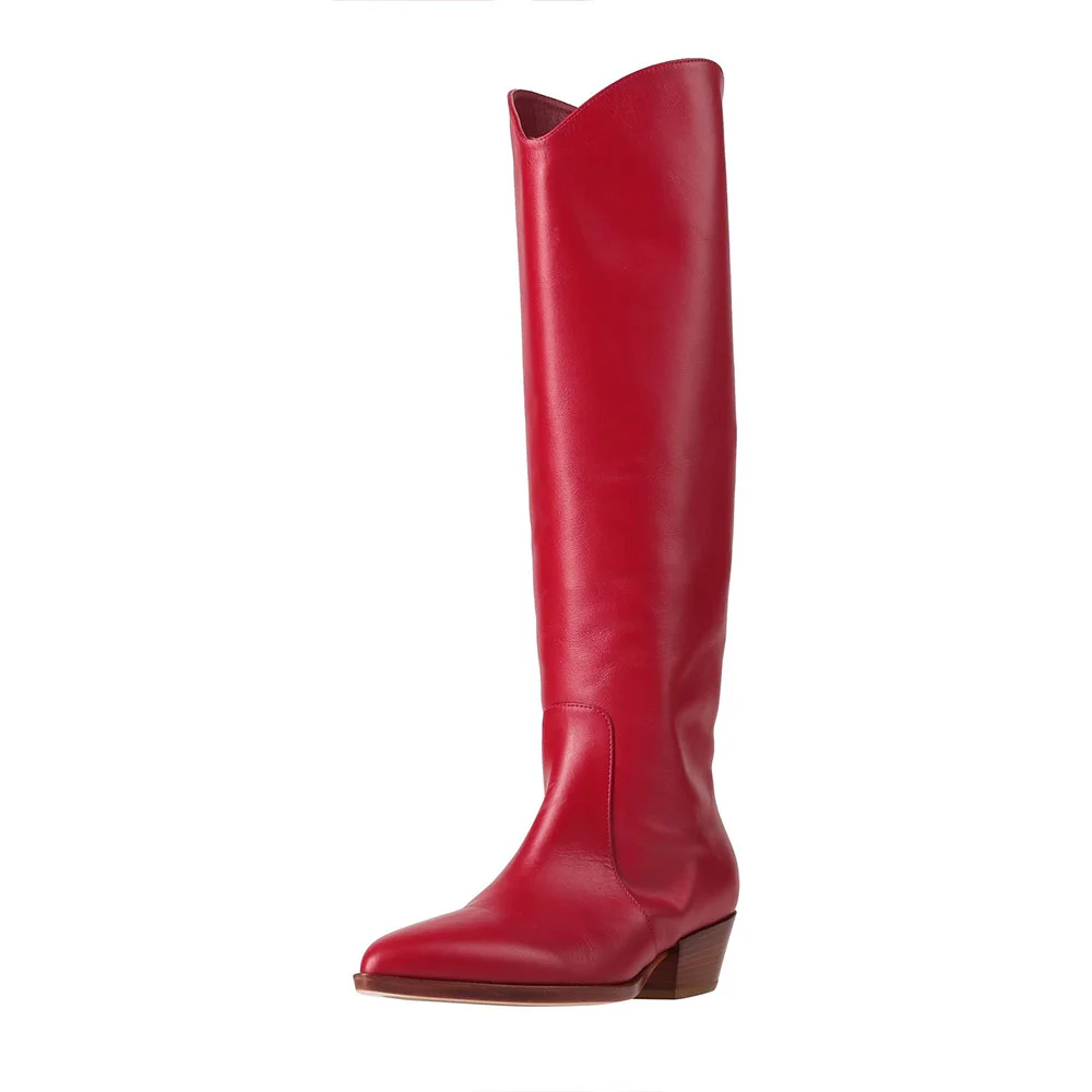 Red Vegan Leather Pointed Toe Stacked Heel Knee High Boots