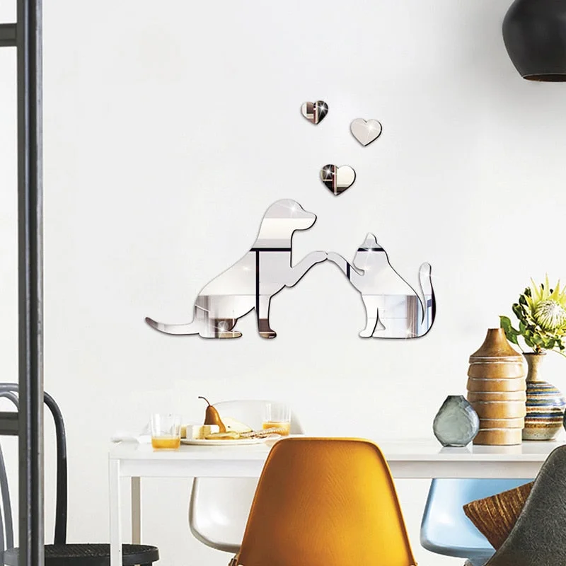 1set Cat and Dog Mirror Acrylic DIY Combination Home Decor Wall Sticker Mirrored Acrylic Sheet Self-adhesive Waterproof