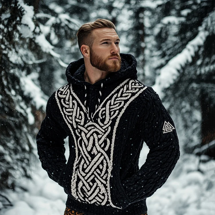Men's Viking Tribal Jacquard Celtic Inspired Chunky Knit Hooded Sweater