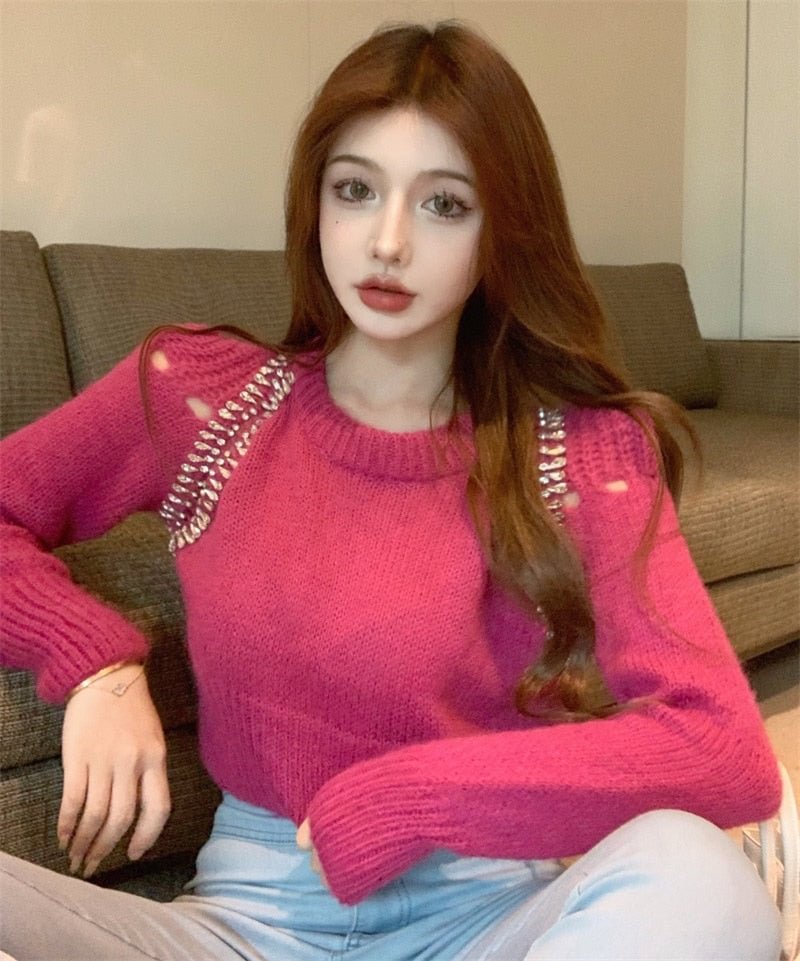 Autumn Diamonds Knitted  Sweater Pullovers Women Casual Solid Color O-neck Long Sleeve Knit Sexy Chic Top Female Clothes