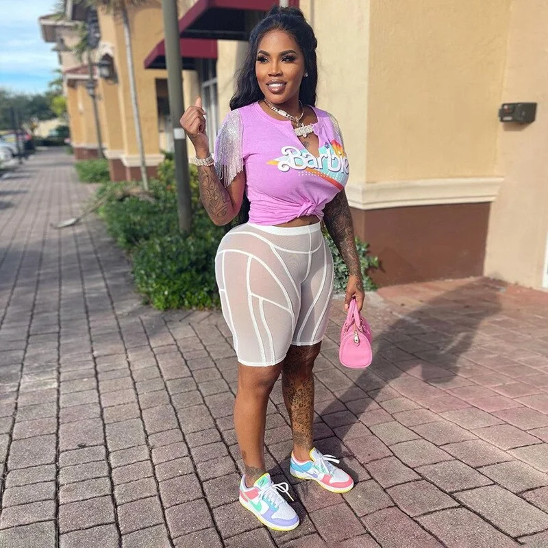 BIIKPIIK Mesh Transparent Casual Shorts Women Solid Stitching Stretch Mid Waist Trousers Female Biker Sportwear Bodycon Bottoms