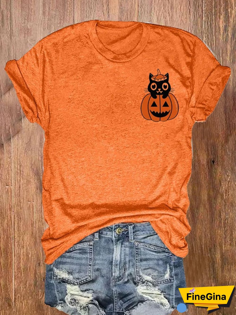Women's Pumpkin Cat Halloween Printed Short Sleeve T-Shirt