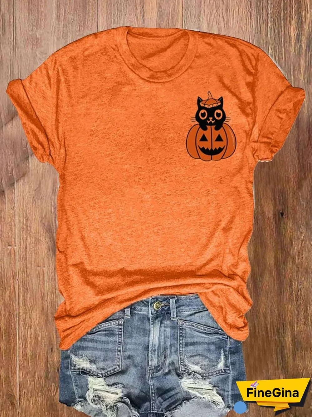 Women's Pumpkin Cat Halloween Printed Short Sleeve T-Shirt