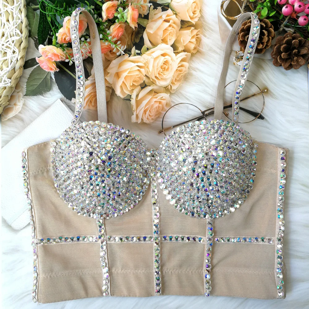 Multi Color Diamantes Women Sexy Push Up Crop Top Shiny Corset Bustier Camisole Nightclub Dance Camgirl Vest Black Nude