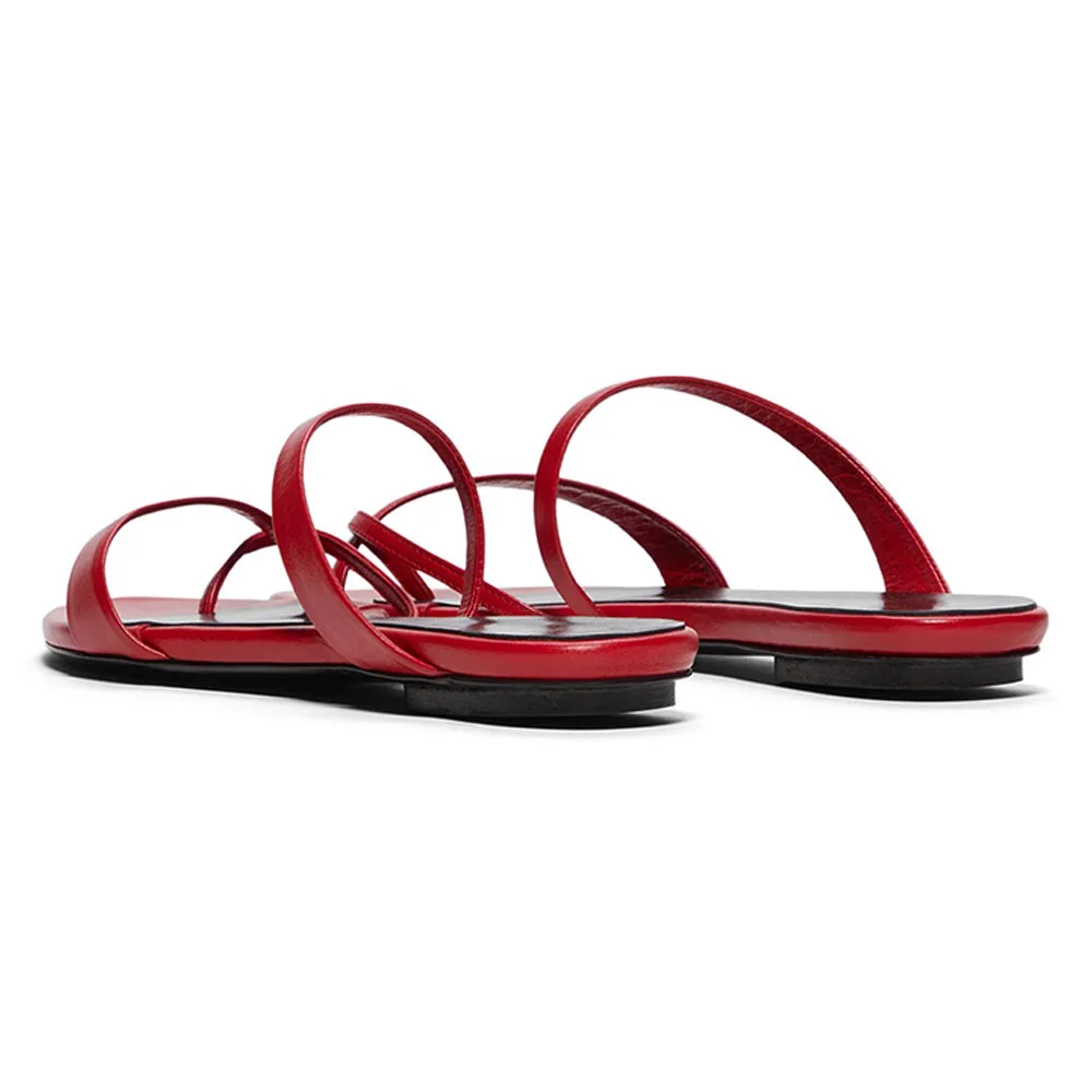 Red Slip On Strappy Flip Flop Flats Open Toe Women's Mules Shoes