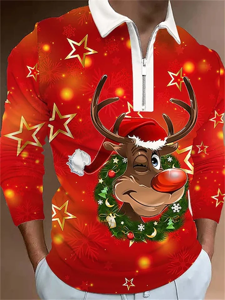 Men's Collar Polo Shirt Golf Shirt Letter Santa Claus Elk Turndown Wine Red 3D Print Christmas Street Long Sleeve Zipper Print Clothing Apparel Fashion Designer Casual Breathable