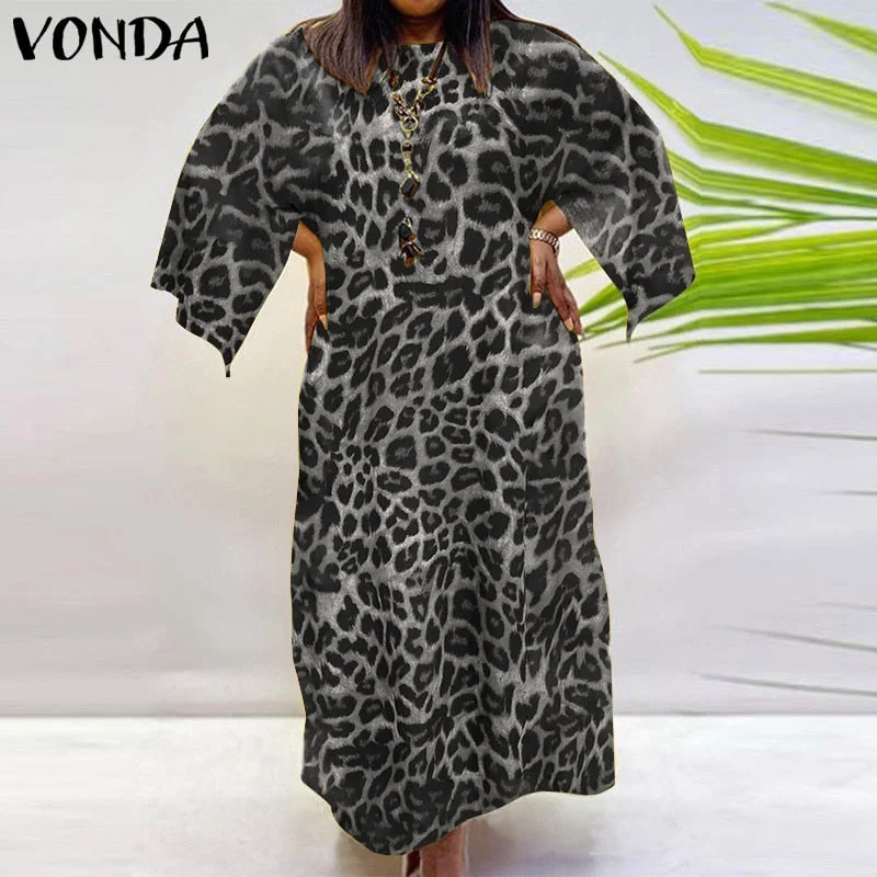 VONDA Women Bohemian Dress 2022 Casual Loose 3/4 Sleeve Holiday Dress Female Vintage Printed Party Vestidos Oversized Robe Femme