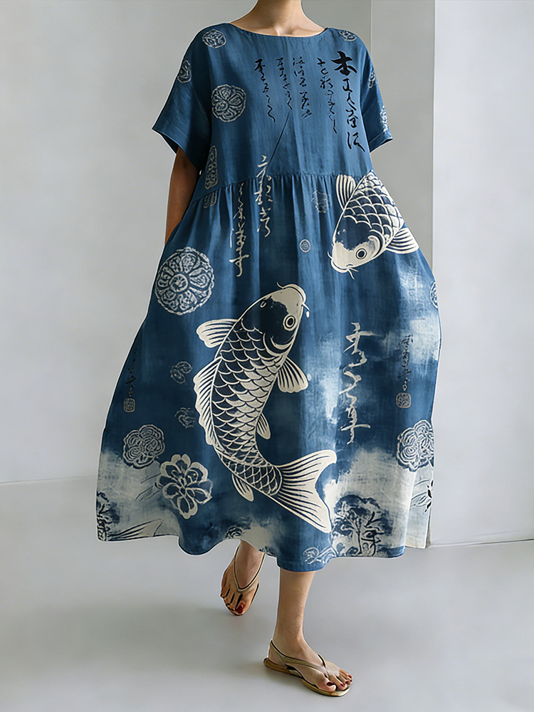 Women's Japanese Wave And Koi Shibori Casual Linen Short Sleeve Dress wearshes