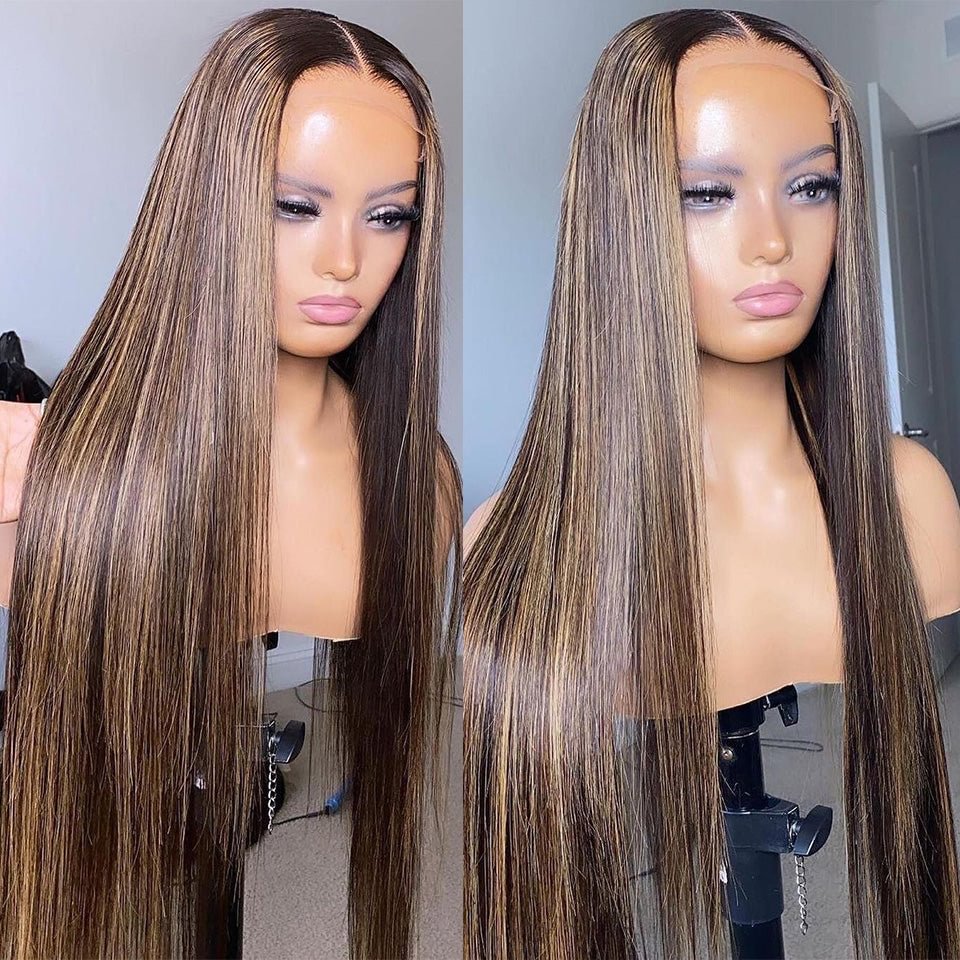 Mix Brown Celebraty Style Highlight Straight Virgin Hair Lace Frontal Wig 180% Density