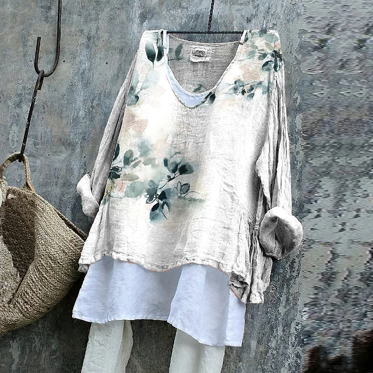 VChics Vintage Floral Art Cotton Linen V Neck Casual Shirt
