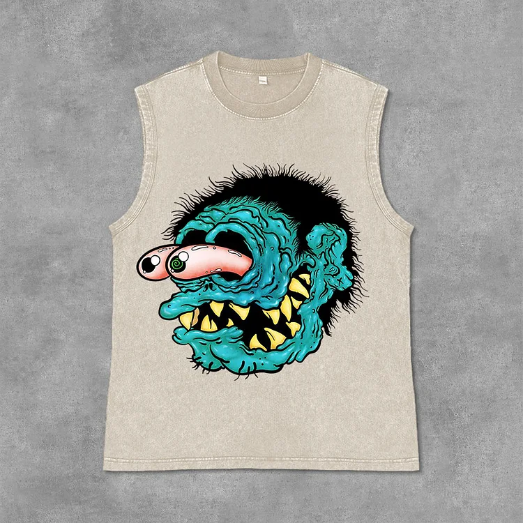 Funny Cartoon Portrait Graphic Print Acid Washed Sleeveless Tank Top SOPULA