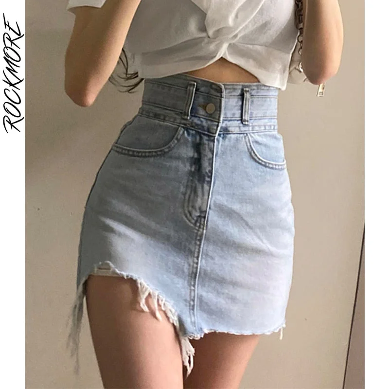 Rockmore Women&#39;S Jeans Skirt Denim Mini Skirt Ladies Frayed High Waist Short Skirt Summer Harajuku Casual Vintage Korean 90s