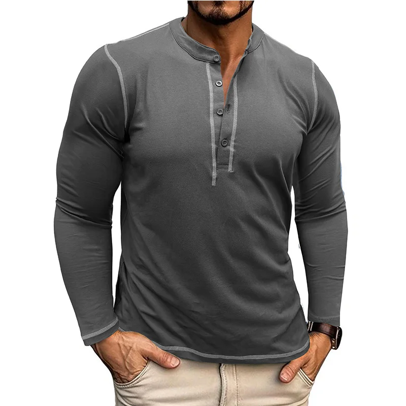 Men's Long-sleeved Henry Shirt Color Matching Round Neck T-shirt Retro Top 100% Cotton Top