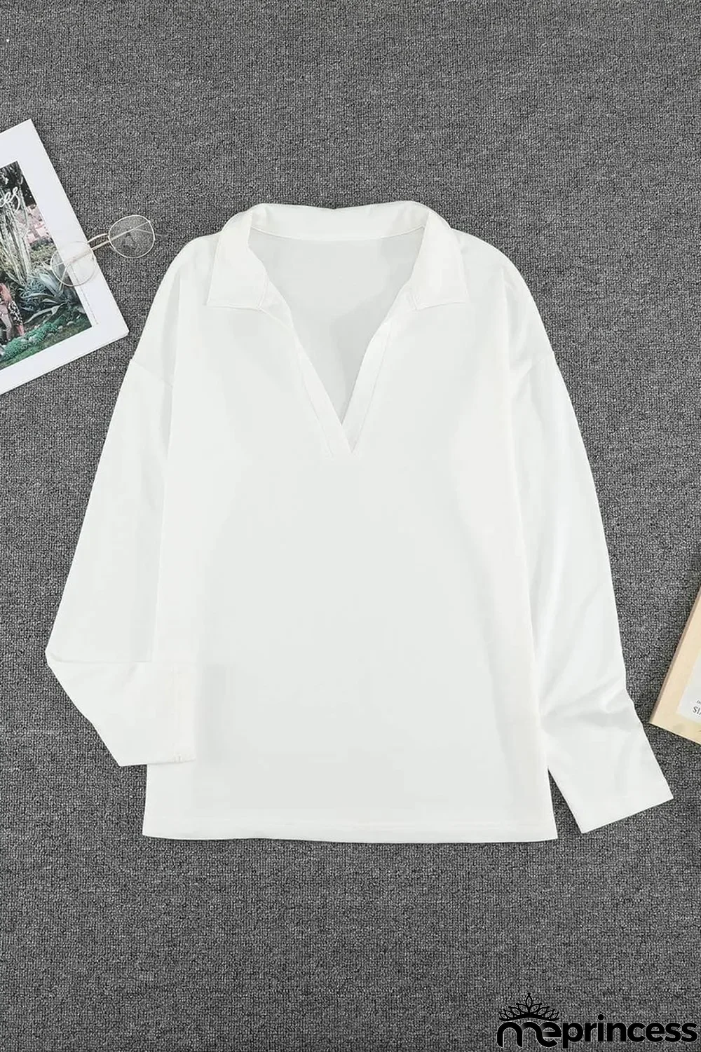 White Turn-down V Neck Long Sleeve Top