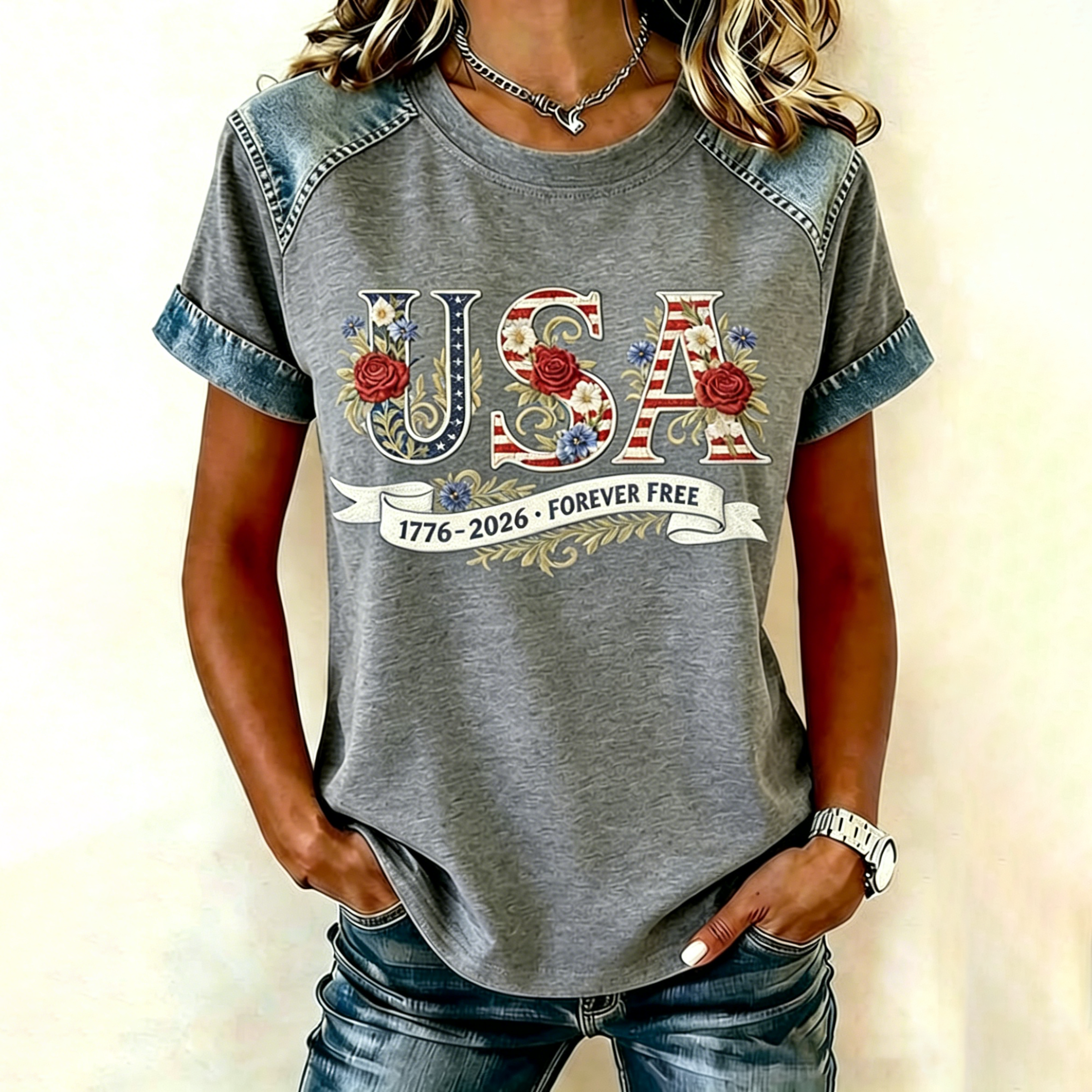  Women's American Anniversary Print Crew Neck T-shirt Westsshops