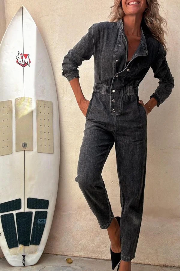 Women's Denim Jumpsuit Long Sleeve V-Neck Elastic Waist Skinny Jumpsuit One-piece Overall Trousers
