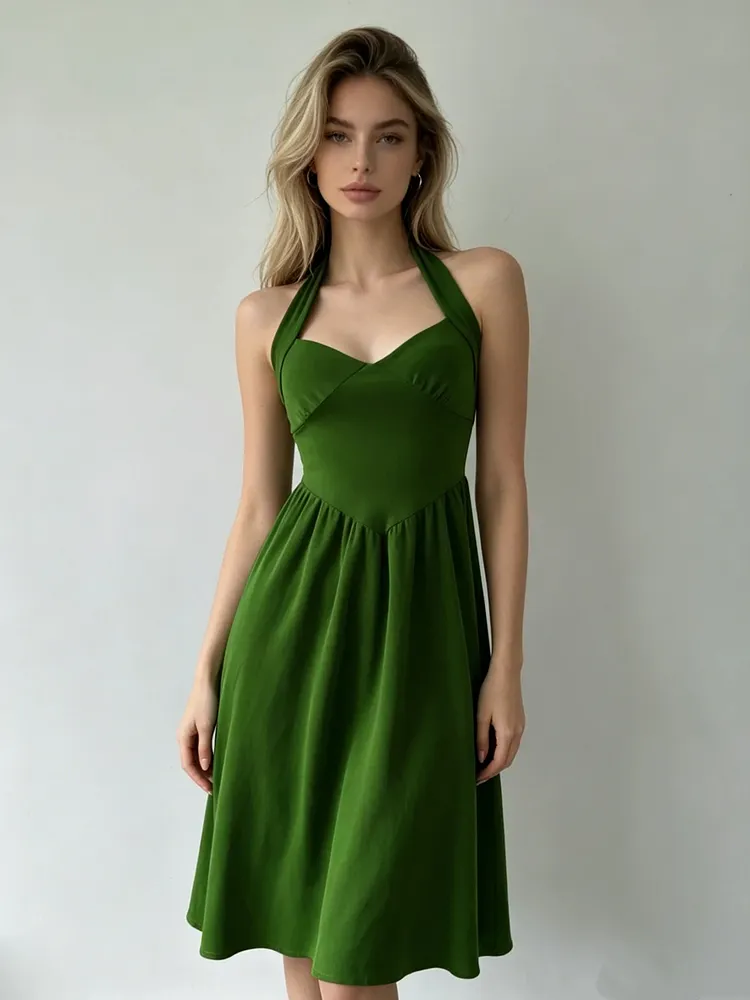 Retro dark green fitted halter neck dress