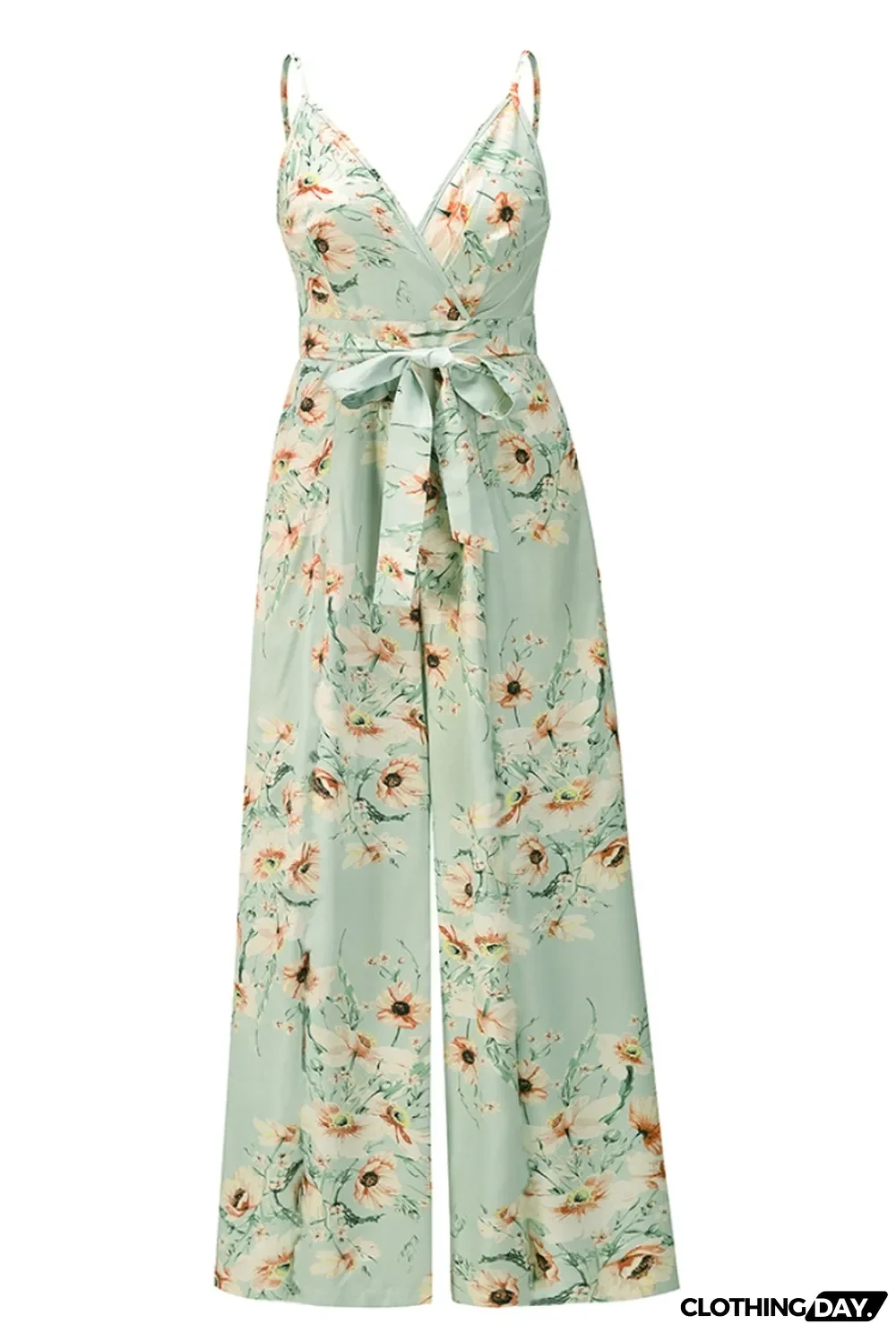 Summer Casual Floral Green Slit Bottom Wrapped Strap Jumpsuit