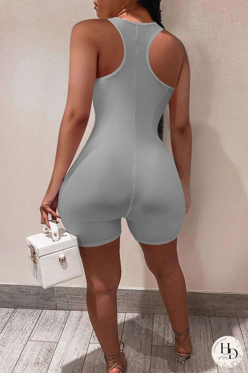 Army Green Casual Sportswear Solid Backless U Neck Skinny Romper