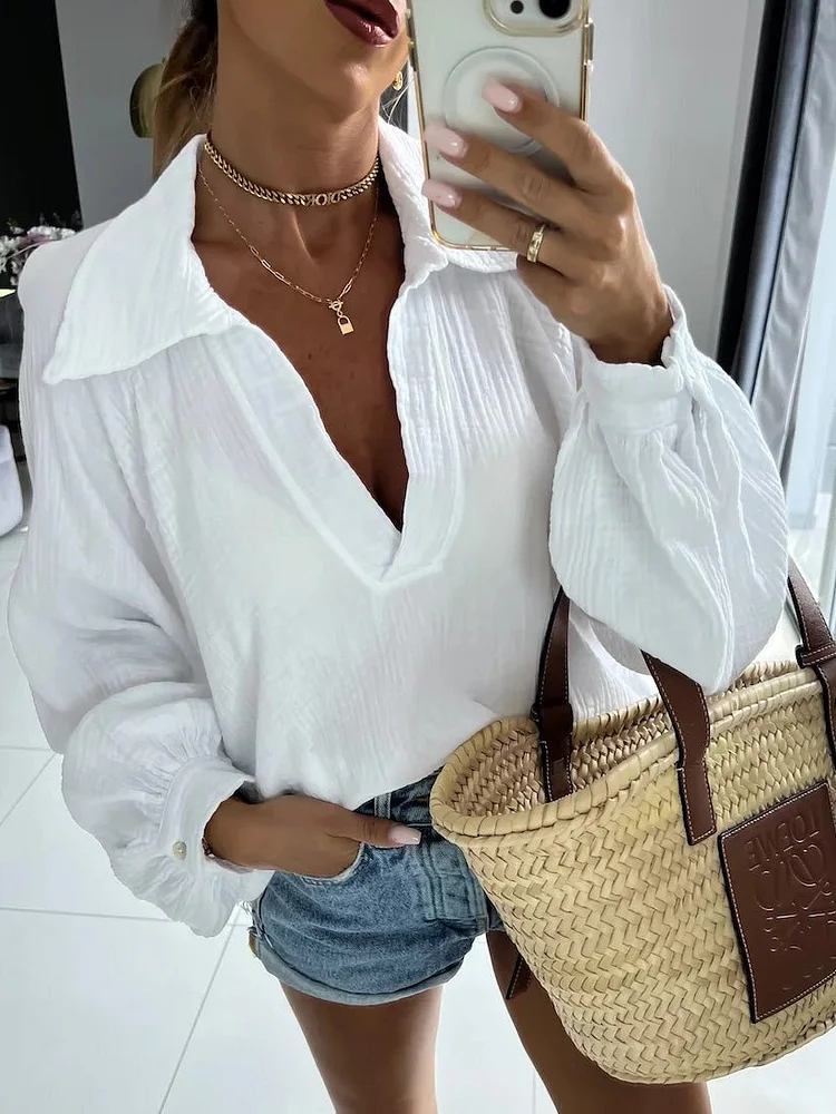 Women's Blouses Lapel Long Sleeve Casual Blouse