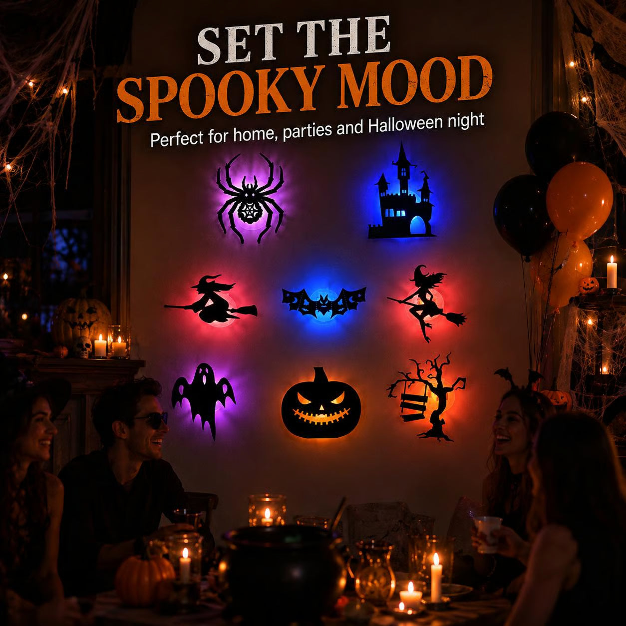 Halloween wall scene with illuminated silhouettes