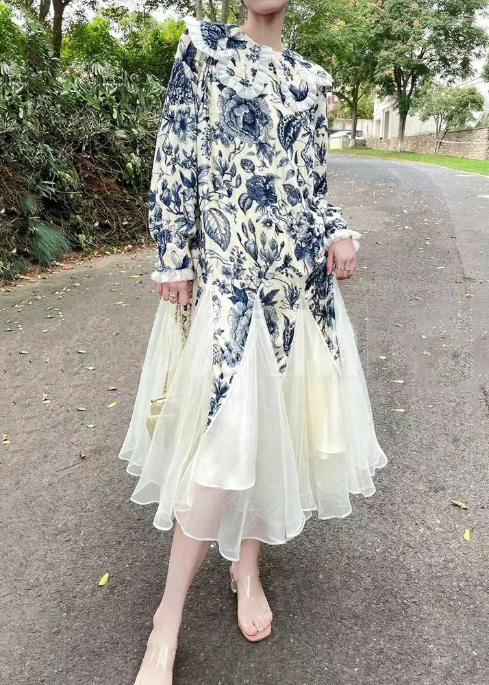 Classy Blue Ruffled Print Tulle Patchwork Silk Velour Long Dresses Spring