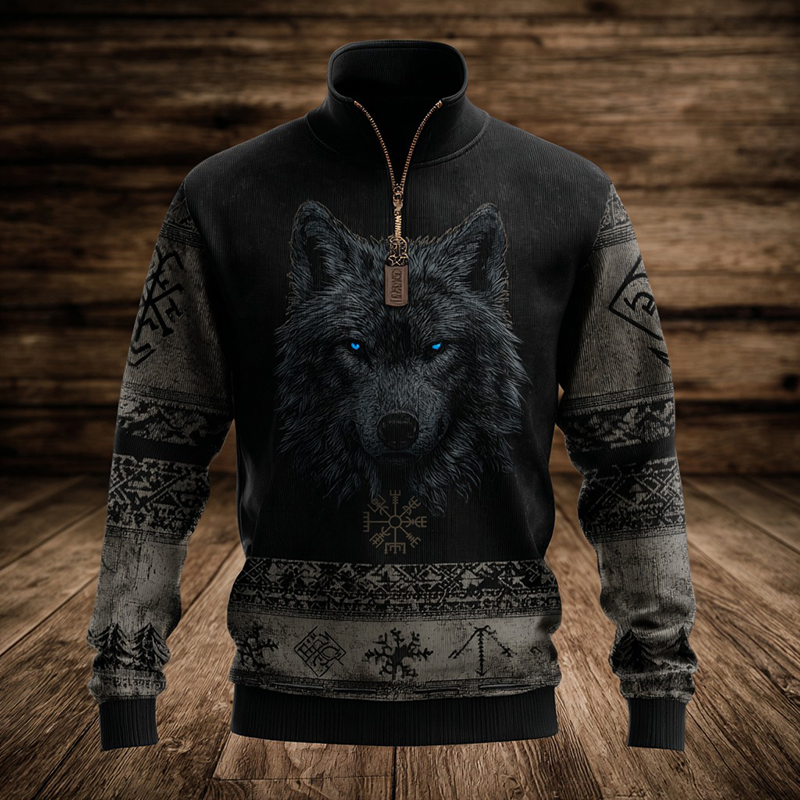 Men's Retro Viking Rune And Wolf Pattern Casual Hoodie elevenforest