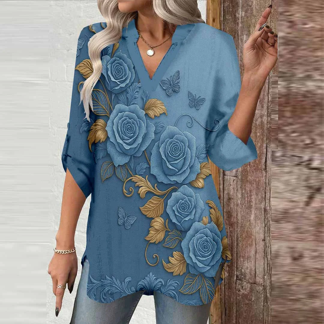 Women Blue,Floral,Gold DZGA0789 3/4 Sleeve V-neck Printed Graphic Button Tops